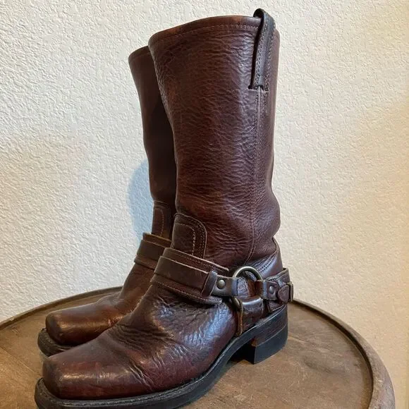 FRYE Harness Brown Leather Belted Square Toe Riding Boots Women's Size 6 - Picture 12 of 16